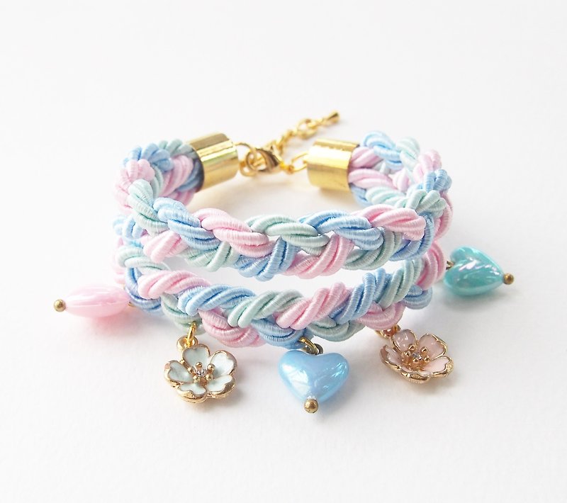 Blue,Pink&Light mint double stack + flower and heart charms - Bracelets - Other Materials Multicolor