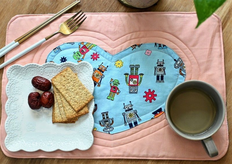 Heart Shape Handmade Placemat series: Robots Upside Down (pink) - Place Mats & Dining Décor - Cotton & Hemp 