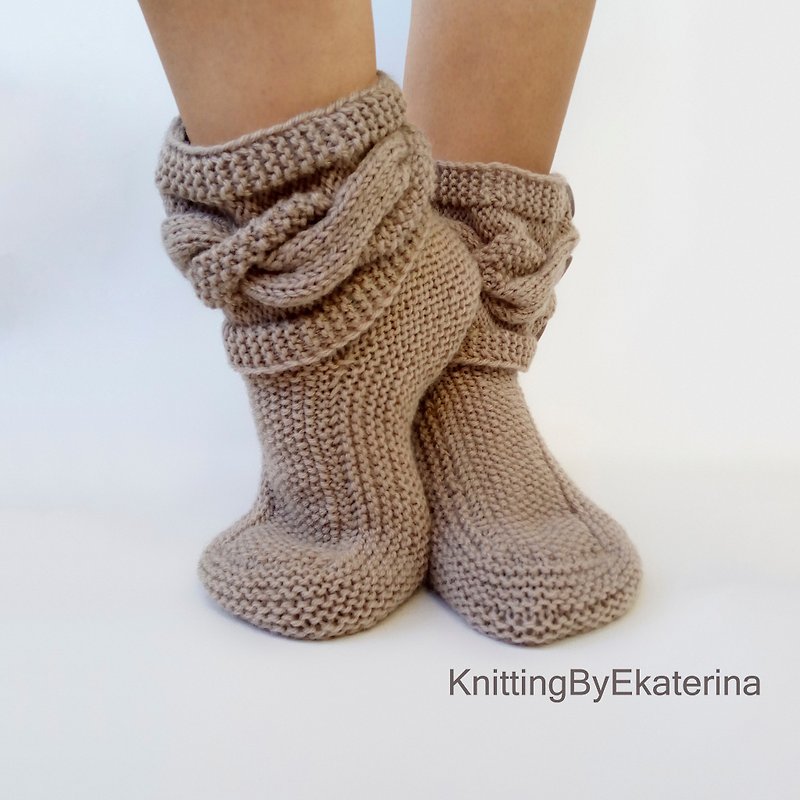 Knit Slippers Women Cable Knit Socks Knitted Slippers Boots Wool Socks House - Women's Booties - Wool Brown