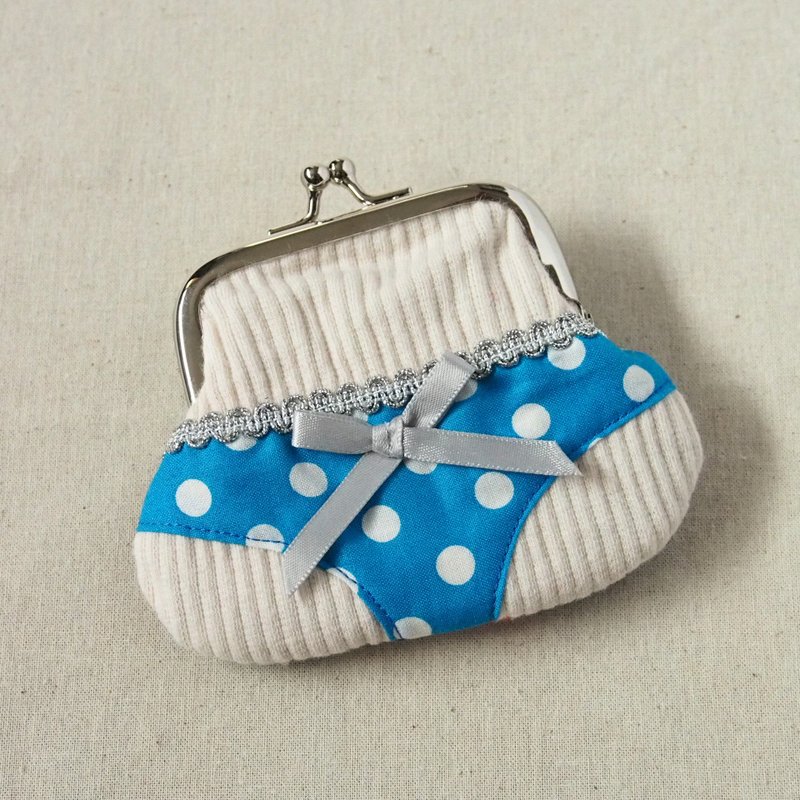 Blue polka dot panty kiss lock bag with embroidered face - Coin Purses - Cotton & Hemp Blue