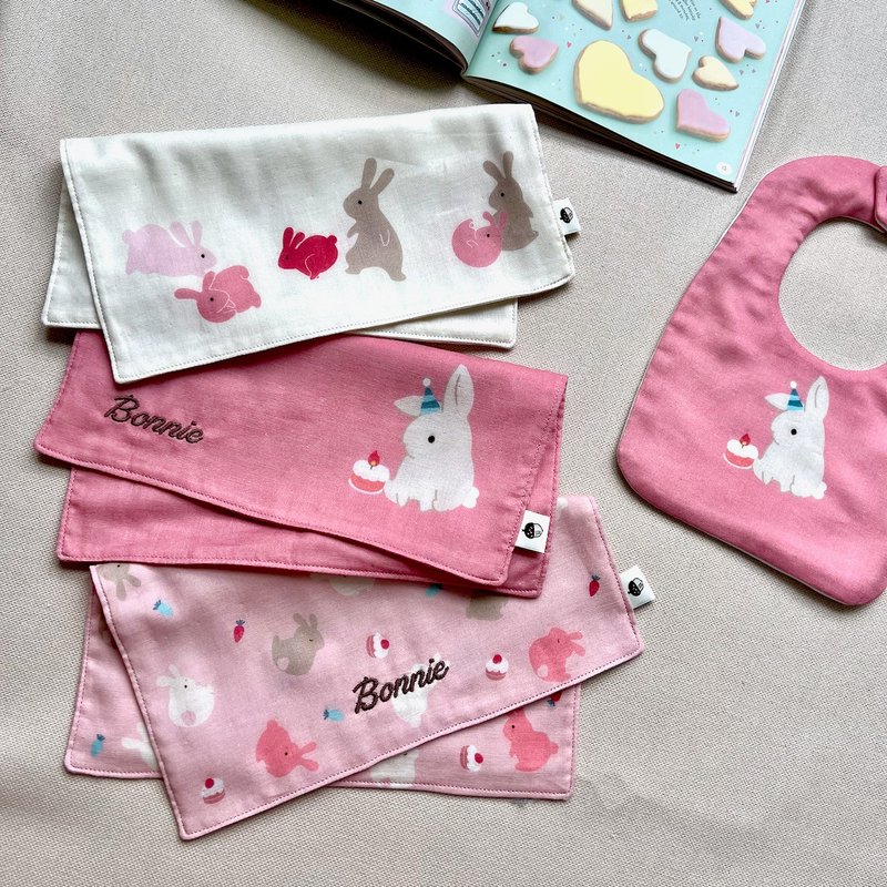 [Customized Embroidery-Gauze scarf 3-piece set full moon gift box] I love my birthday bunny handkerchief - ของขวัญวันครบรอบ - ผ้าฝ้าย/ผ้าลินิน สีนำ้ตาล