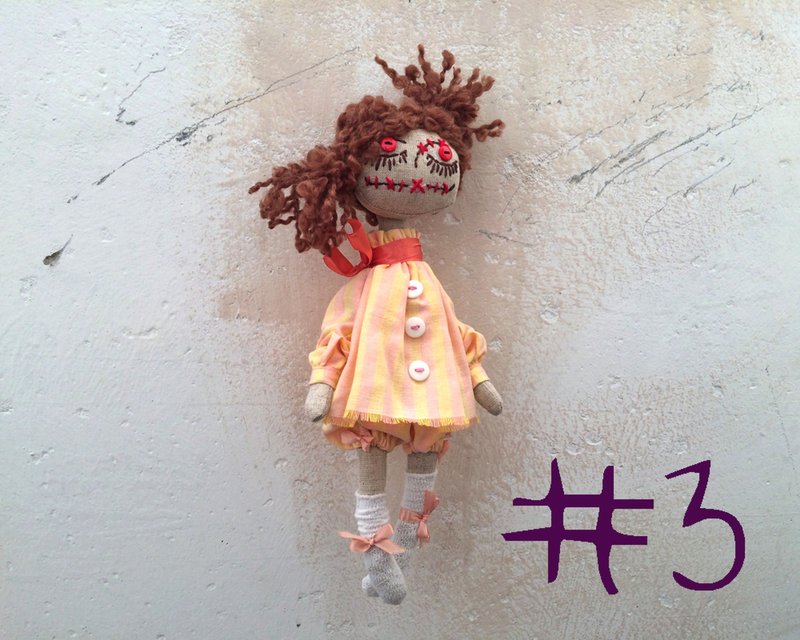 Rag creepy doll #3, OOAK haunted halloween doll, handmade creepy cute doll - 公仔/玩偶 - 亞麻 橘色