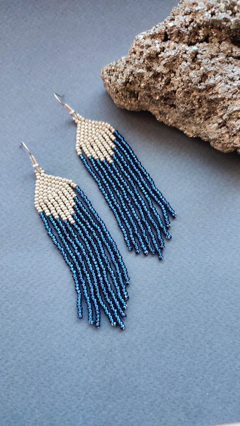 Deep blue beaded earrings, silver ombre fringe earrings, navy blue dusters - Earrings & Clip-ons - Glass Blue