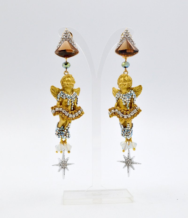 Golden angel embellished crystal Stone earrings - Necklaces - Other Materials Gold