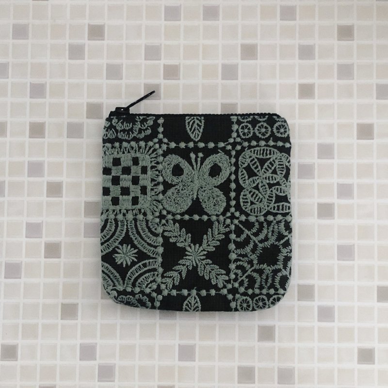 mina perhonen embroidered butterfly handmade pouch small forest tile - Toiletry Bags & Pouches - Cotton & Hemp Brown