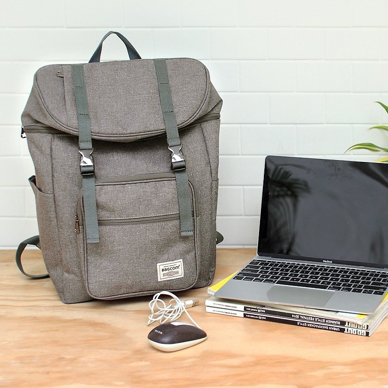 Double buckle large capacity backpack (14 吋 OK OK) - Dark gray _100398 - กระเป๋าเป้สะพายหลัง - ผ้าฝ้าย/ผ้าลินิน สีนำ้ตาล