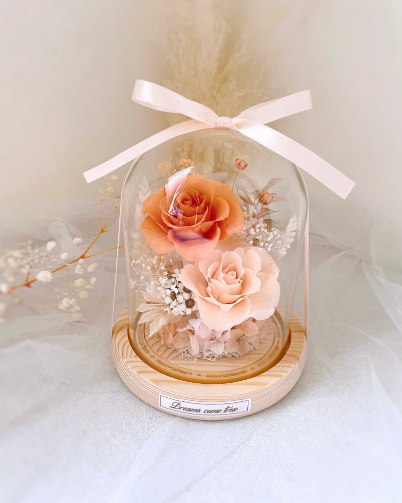 Preserved flower glass cup - peach pink orange l night light Japanese rose preserved flower glass cover - ช่อดอกไม้แห้ง - พืช/ดอกไม้ สีส้ม