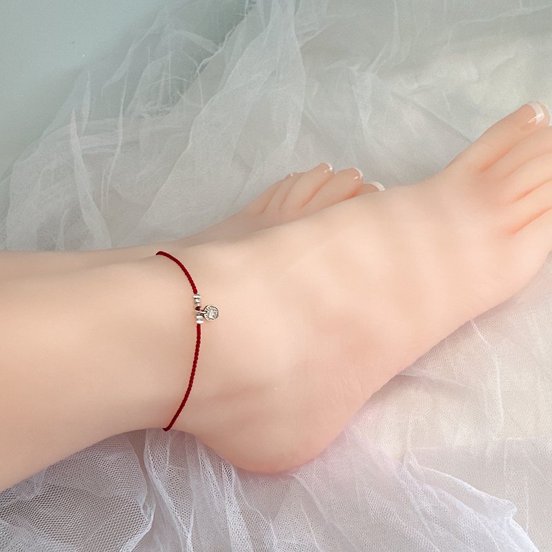 S925 Silver Bafang Lai Cai small circle very thin anklet red rope anklet exchange gift can be changed bracelet - กำไลข้อเท้า - เงินแท้ 