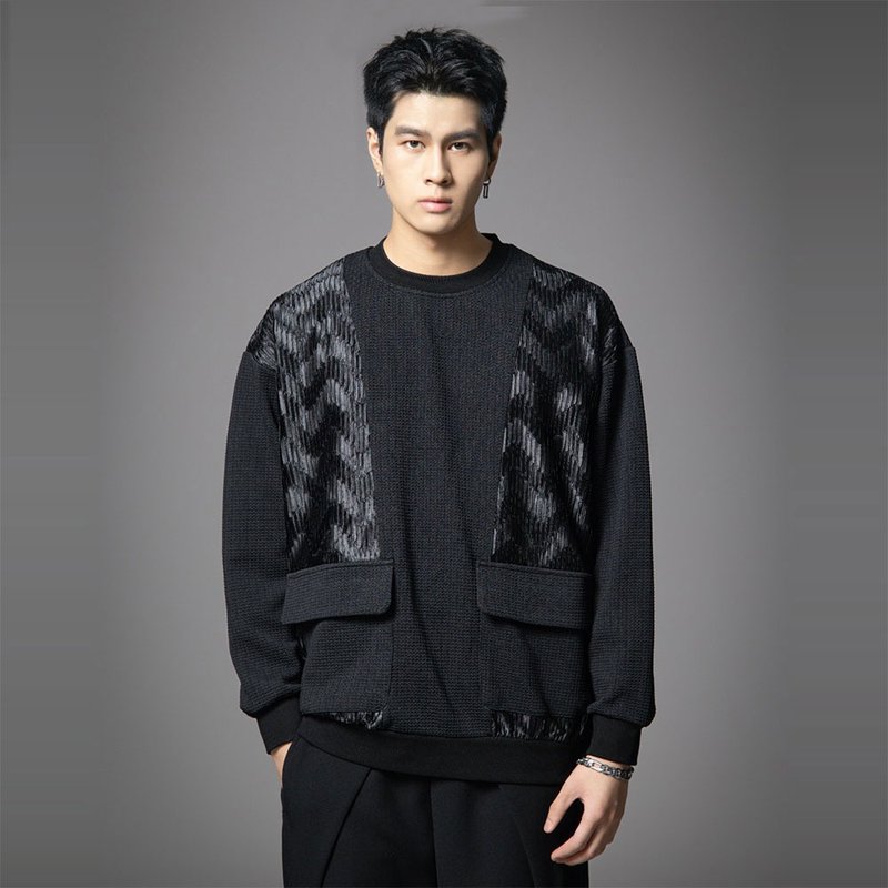 秋季拼接貼袋衛衣  男士休閑長袖上衣 - 帽T/大學T - 聚酯纖維 黑色