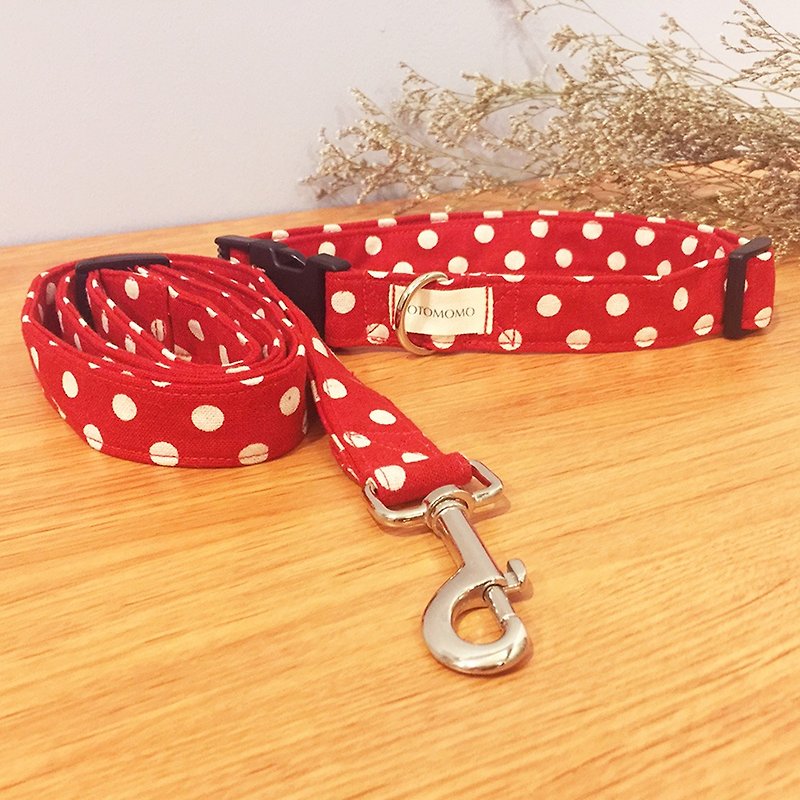 Red Dotted Dog Collar Leash - ปลอกคอ - ผ้าฝ้าย/ผ้าลินิน สีแดง