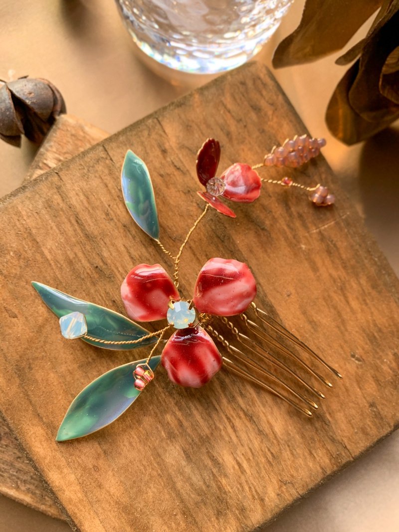 Celeste - Hand-dyed Bronze flower hair comb•Chinese style hair comb - เครื่องประดับผม - ทองแดงทองเหลือง สีแดง