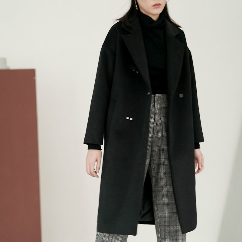 Black double-breasted wool coat minimalist double slits loose long-sleeved coat in the shape of two-color optional autumn and winter warm jacket cost-effective models | | Fatata vitatha independent design women's brand - เสื้อแจ็คเก็ต - ขนแกะ สีดำ