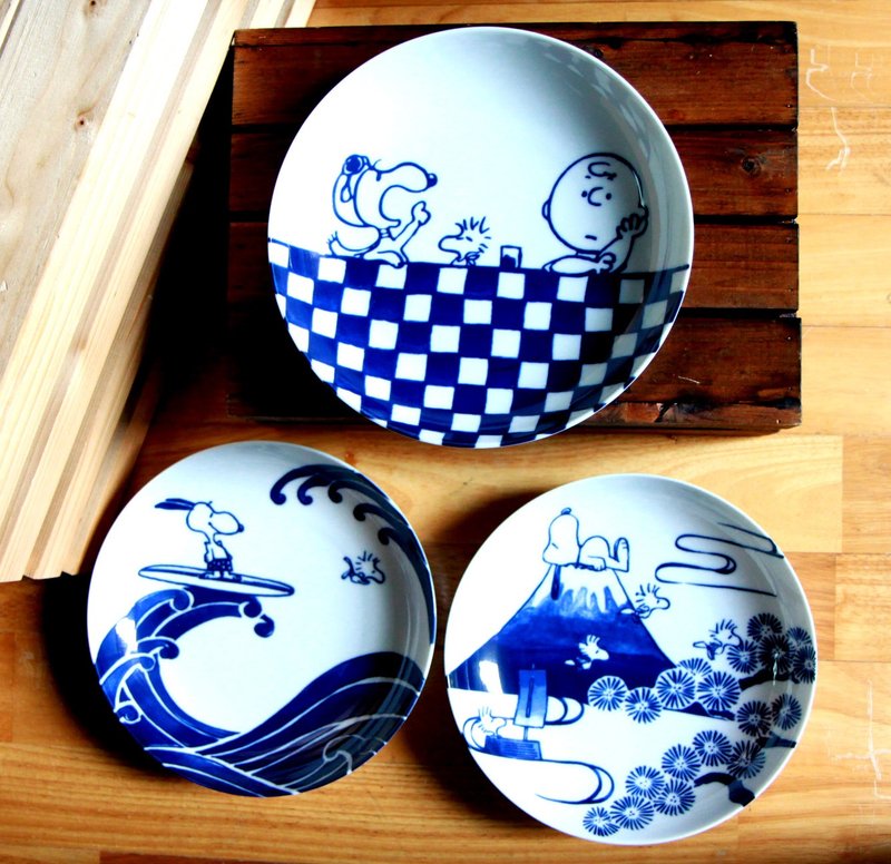 【情人節/禮物/免運/特惠】SNOOPY史努比-和風藍盤三入組(21.5cm) - 盤子/餐盤/盤架 - 陶 藍色