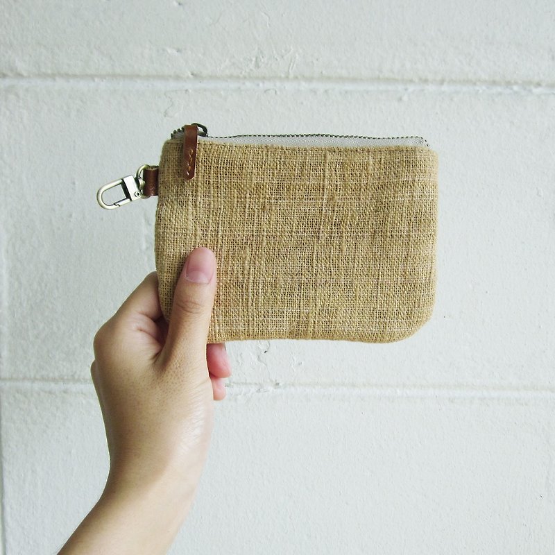 Coin Purses  with Key Chain Hand-woven and Botanical dyed Cotton Tan Color - Coin Purses - Cotton & Hemp Brown