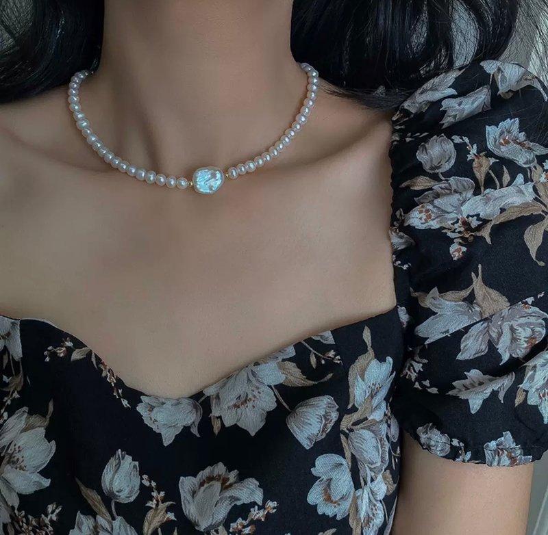 YuanPearl natural aurora nearly round baroque square pearl necklace, versatile and refined necklace - สร้อยคอ - ไข่มุก ขาว