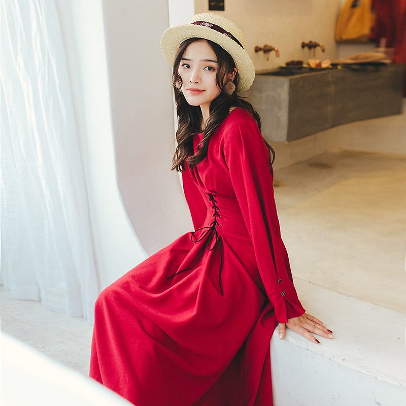 2018 autumn and winter women's new product contrast ribbon webring round neck dress dress YTD8818 - One Piece Dresses - Other Materials Red
