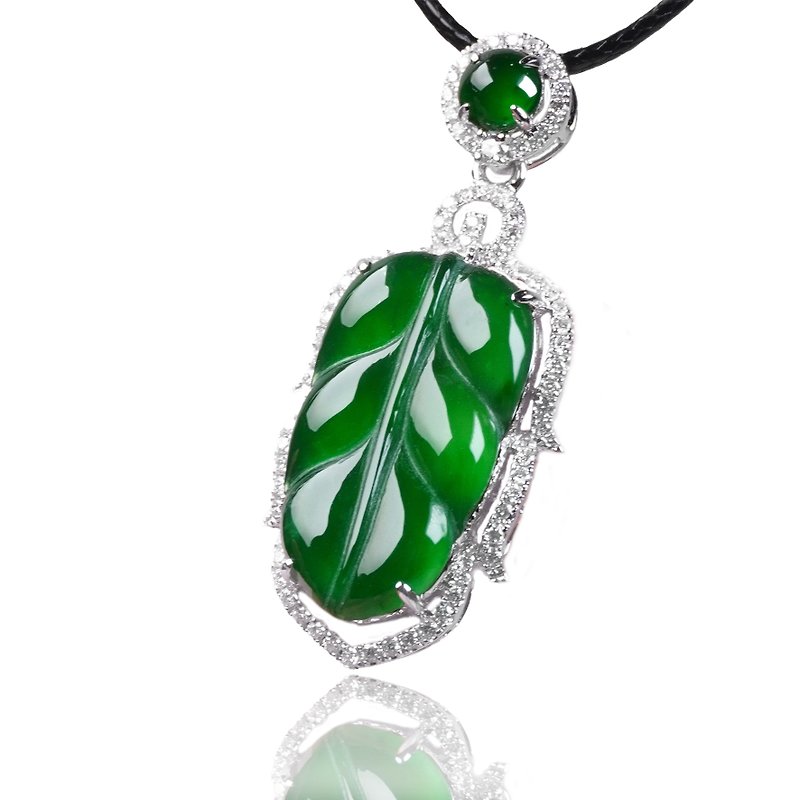 Bingzhong Laokeng Imperial Green Jade Leaf Necklace 18K Gold Diamond | Natural Burmese Jade Jade A Product | - สร้อยคอ - หยก สีเขียว