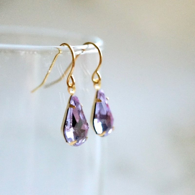 ITS-E135 [Brass ear hook series] Brass X retro water drop glass drill ear hook ear clip purple - ต่างหู - แก้ว สีม่วง