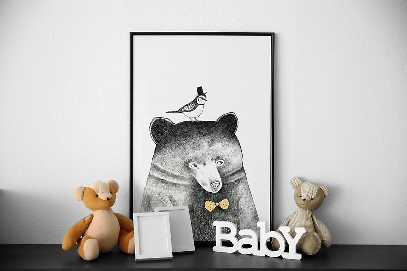 Curious Grizzly-Watercolor Bear, Bear art print, Nursery Decor - Picture Frames - Cotton & Hemp Black