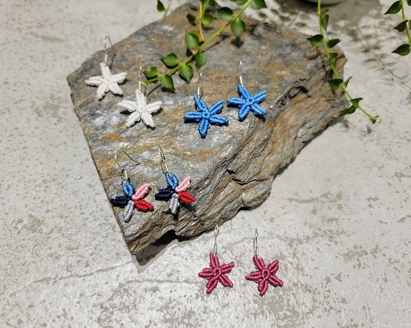 Jade thread × oblique knot × starfish earrings LW Linwei hand-made - Earrings & Clip-ons - Other Materials Blue