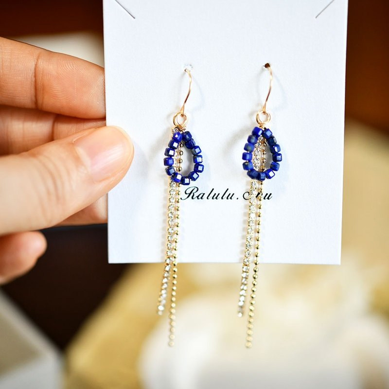 Original Lapis Lazuli and Zirconia Long Chain Earrings December Birthstone Good Luck and Success - ต่างหู - เครื่องเพชรพลอย สีน้ำเงิน