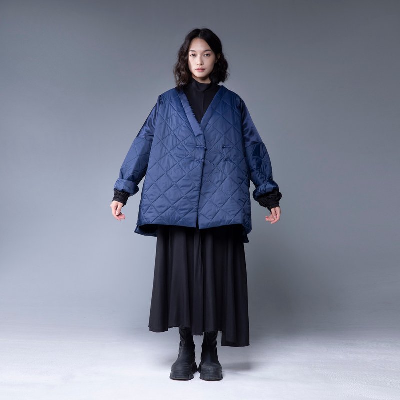 Aman No.38 buckle autumn and winter shop cotton warm intimate small padded jacket blue - เสื้อโค้ทผู้ชาย - ไฟเบอร์อื่นๆ 