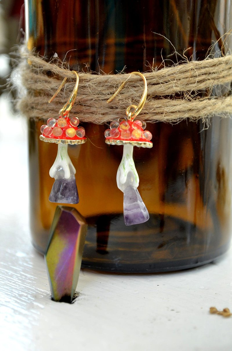 鮮紅色 Gookaso 蘑菇紫水晶魔法石耳環  粉晶 紫晶 綠松石 - 耳環/耳夾 - 其他金屬 紅色