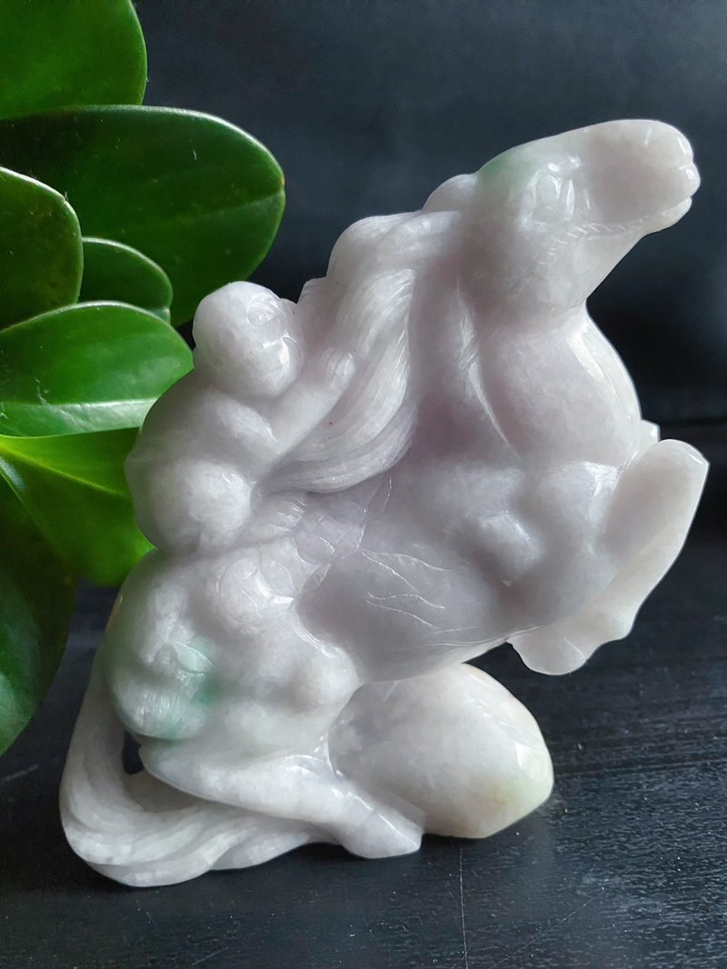 孤品 天然緬甸玉翡翠 馬上封侯 猴 馬 擺件 禮物 官運亨通 - 手機掛繩/背帶 - 玉石 白色