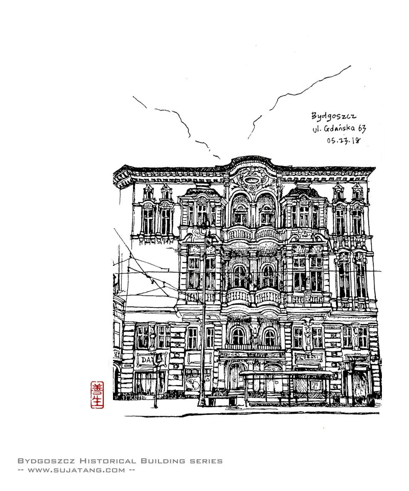 手繪原稿: 波蘭比得哥什歷史建築物系列 #3. 格但斯克街 63號 - 卡片/明信片 - 紙 白色