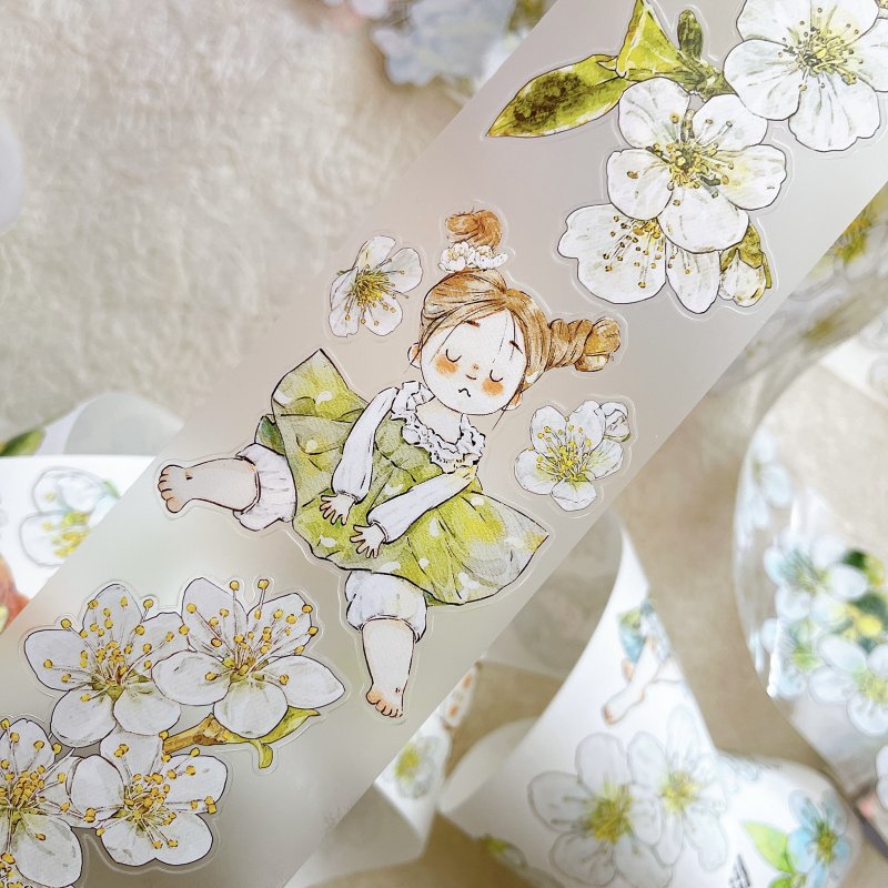 Pear Blossom White Flower and Doll PET Cut Sticker Roll and Paper Tape 5m Roll (Kiss-cut) - Washi Tape - Other Materials White