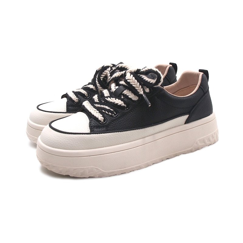 WALKING ZONE (female) cute thick rope thick-soled casual shoes for women - black and white - รองเท้าลำลองผู้หญิง - หนังแท้ 