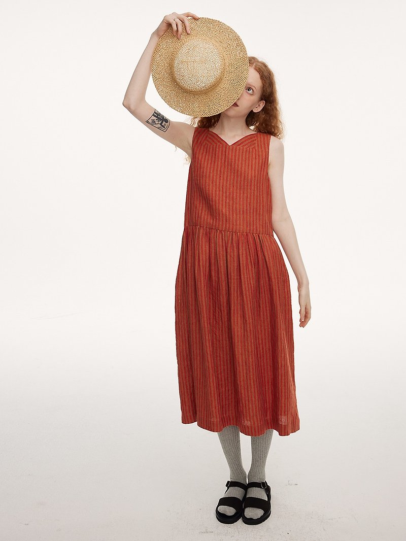 夏日新品色織亞麻顯白橘紅條紋洋裝 - 連身裙 - 棉．麻 紅色