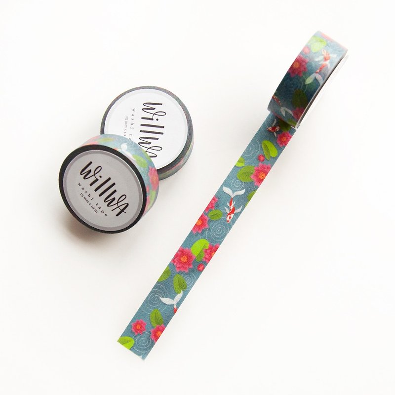 Water Lily Washi Tape - Fish Pond with Koi Fish and Pink Lotus Flowers - Washi Tape - Paper Blue
