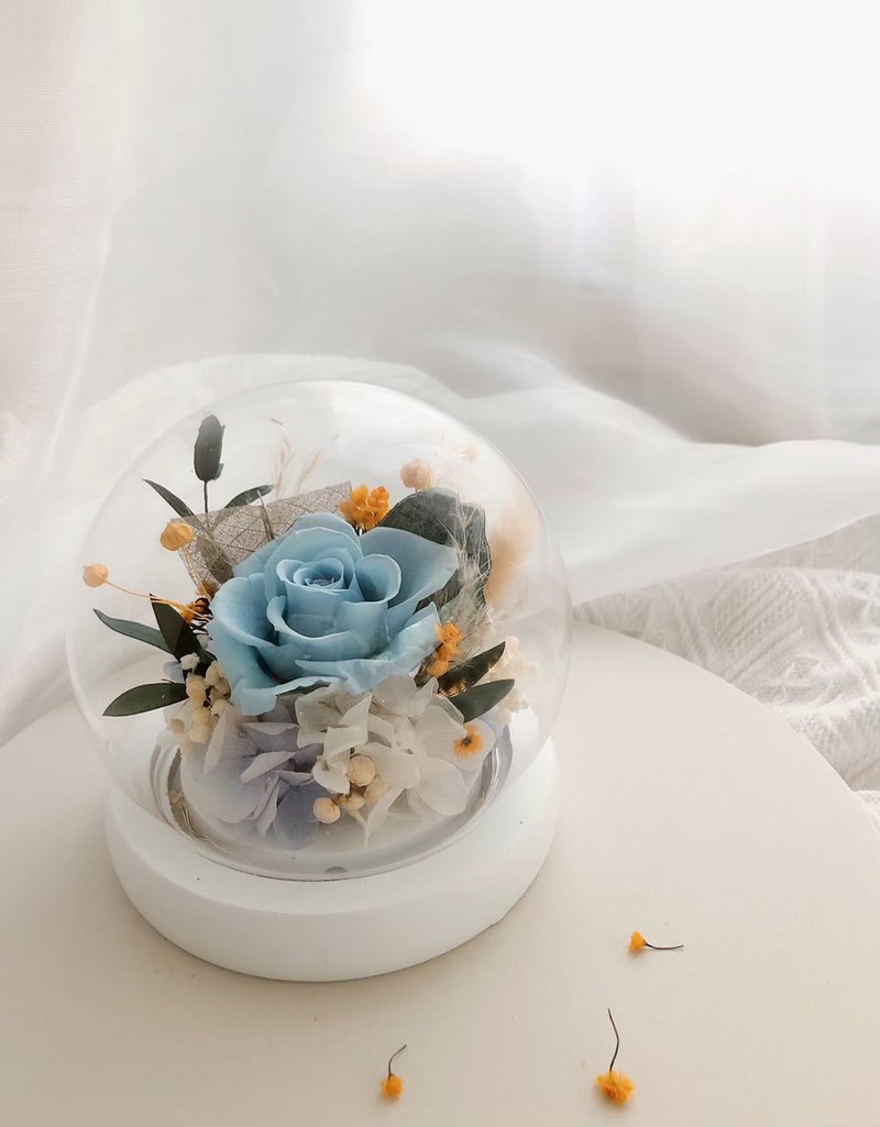 永生花玻璃球 LED 夜燈 永生玫瑰花 紀念日 聖誕禮盒 客製化禮物 - 乾燥花/永生花 - 植物．花 藍色