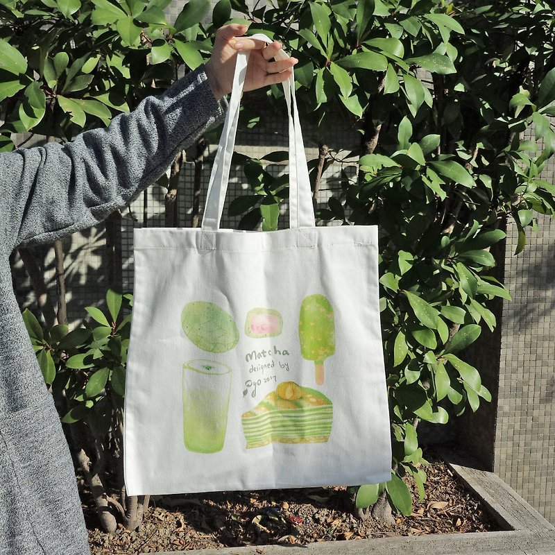 【Illustration cotton bag】 Matcha snacks - Messenger Bags & Sling Bags - Cotton & Hemp White