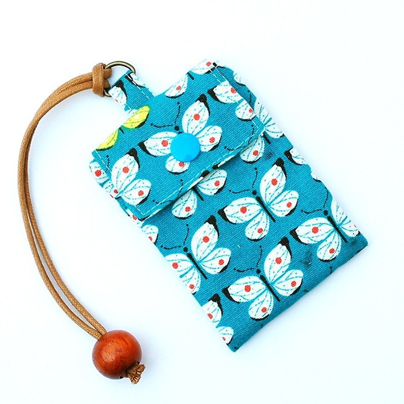 Butterfly fly card bag / card holder business card bag - ที่ใส่บัตรคล้องคอ - ผ้าฝ้าย/ผ้าลินิน สีน้ำเงิน