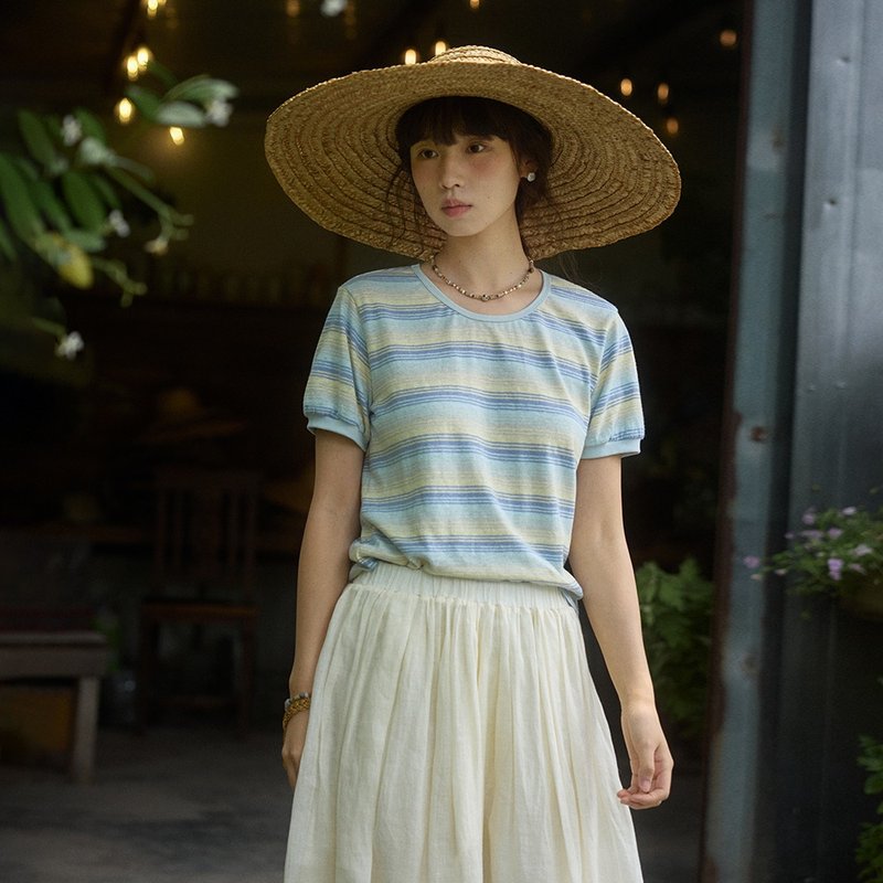 藍條紋短袖T恤|T恤|夏款|Sora-1850 - 女 T 恤 - 棉．麻 