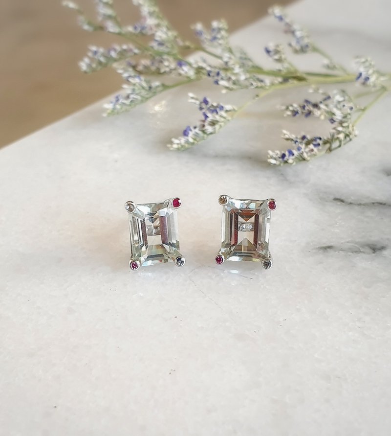 Green amethyst earrings with ruby and white topaz corners. - 耳環/耳夾/耳骨夾 - 半寶石 多色
