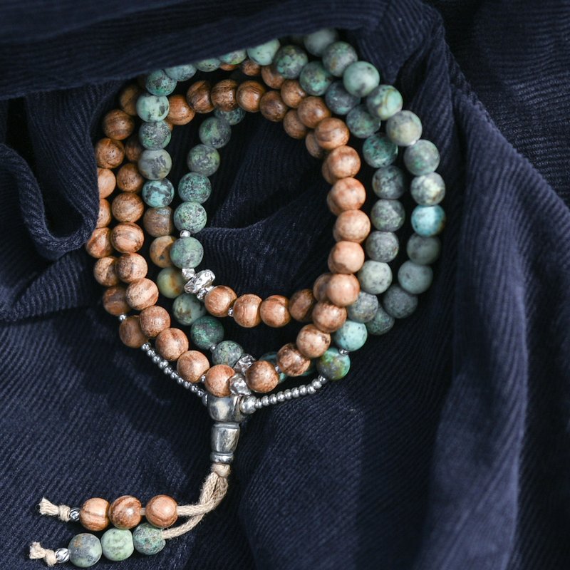 Shanming shān South African turquoise agarwood natural stone 925 sterling silver 108 rosary beads. Long chain - สร้อยข้อมือ - เครื่องเพชรพลอย สีเขียว