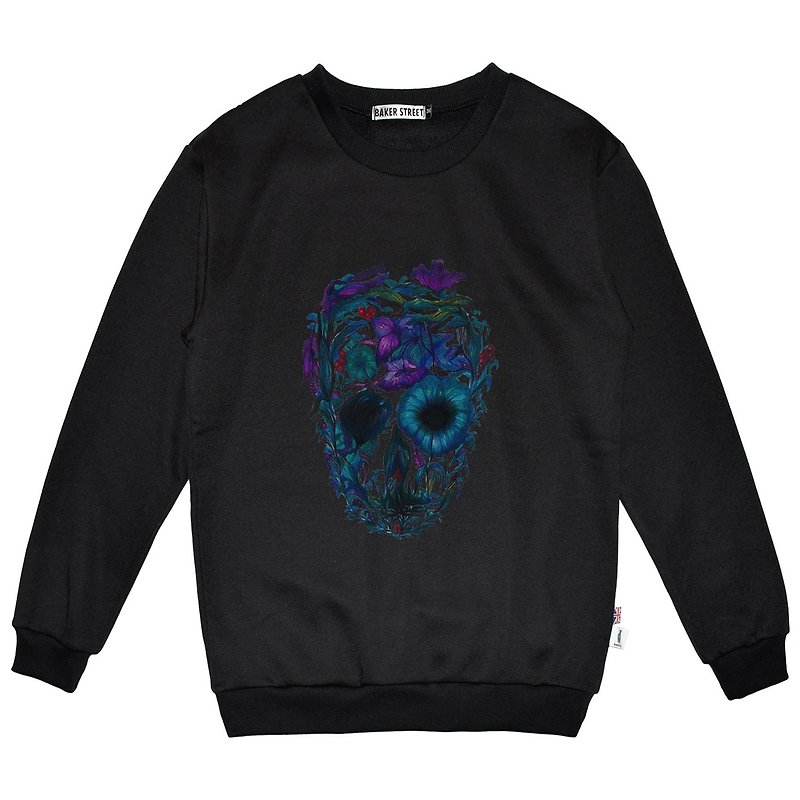 British Fashion Brand -Baker Street- Blossom Skull Printed Sweatshirt - Unisex Hoodies & T-Shirts - Cotton & Hemp Black