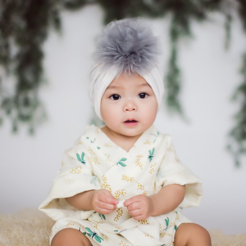 Baby Hat Tulle Flower Turban Chic Grey Hat - 圍兜/口水巾 - 棉．麻 多色