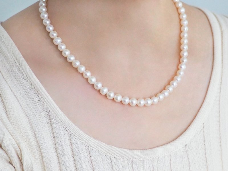 Undersea Blessing | Natural Pearl Necklace/7-7.5mm Freshwater Pearl Set Chain - สร้อยคอ - ไข่มุก ขาว