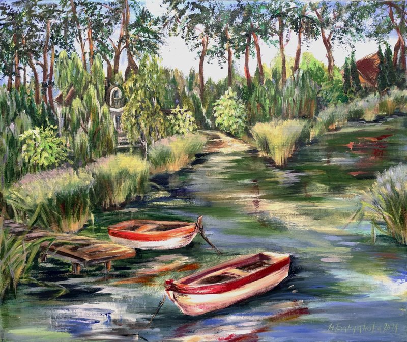 Boats in rural river scenery Original Painting Impressionistic Nature Landscape - Wall Décor - Other Materials Blue