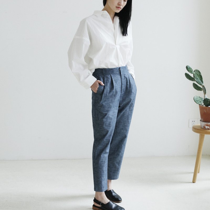 KOOW  日本OLD紗靛藍染牛仔棉西裝褲 日常通勤錐形褲 - 女長褲 - 棉．麻 