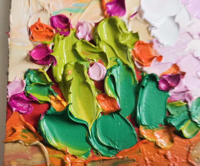 サボテン絵画油畫原作テキサスオリジナルアート手工油畫