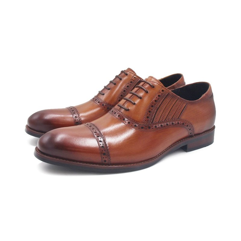 PQ Oxford embossed wide elastic strap gentleman leather shoes for men - wood grain color - รองเท้าหนังผู้ชาย - หนังแท้ 