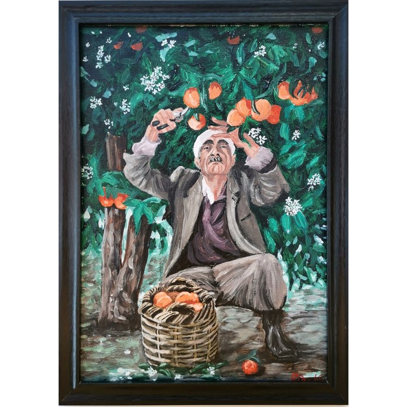 Orange Picker Original Framed Wall Art Figurative Painting By RinaArtSK - Wall Décor - Other Materials Multicolor