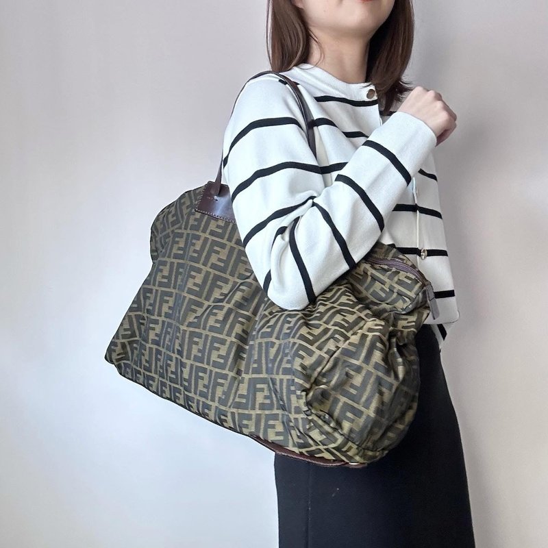 中古正品 Fendi 老花手提包 單肩包 摺疊旅行包 男女適用 - 手提包/手提袋 - 防水材質 咖啡色