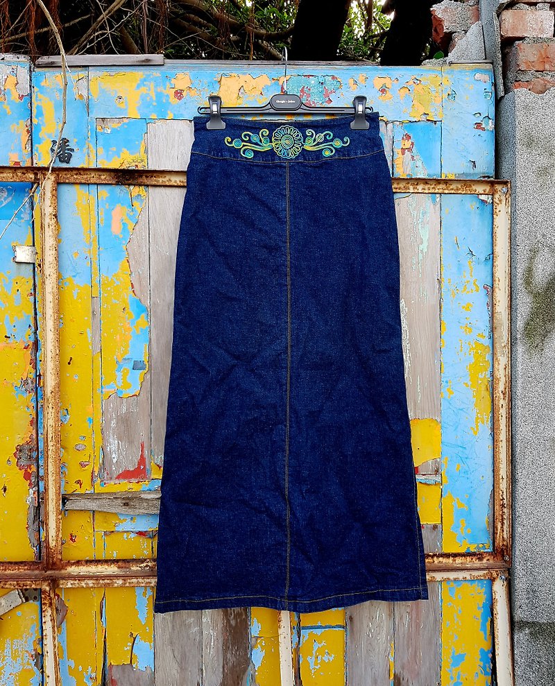 Little tortoise Ge Ge-elegant back high slit tannin denim vintage dress VINTAGE - Skirts - Cotton & Hemp 
