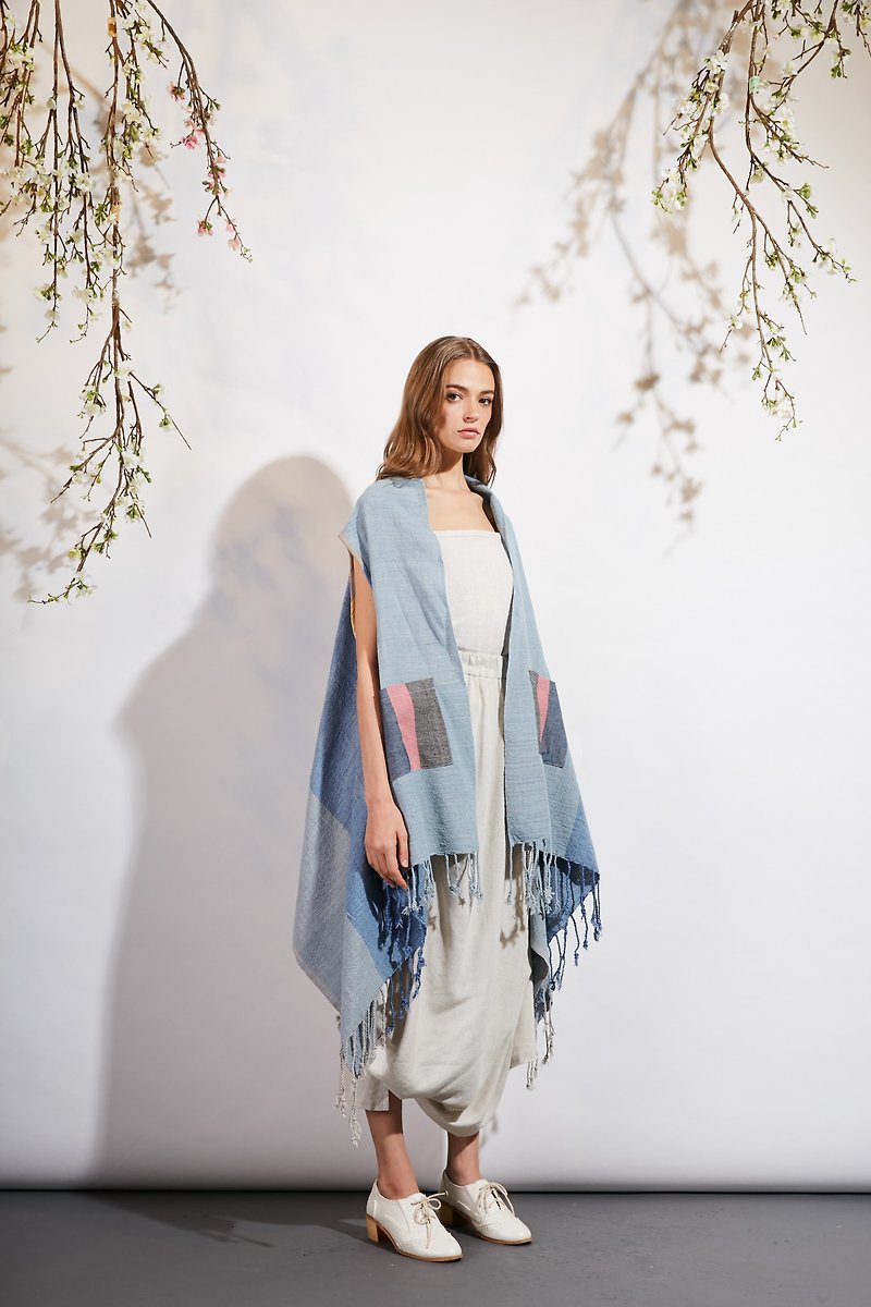 Coat/scarf, hand-woven cotton - Women's Vests - Cotton & Hemp Blue